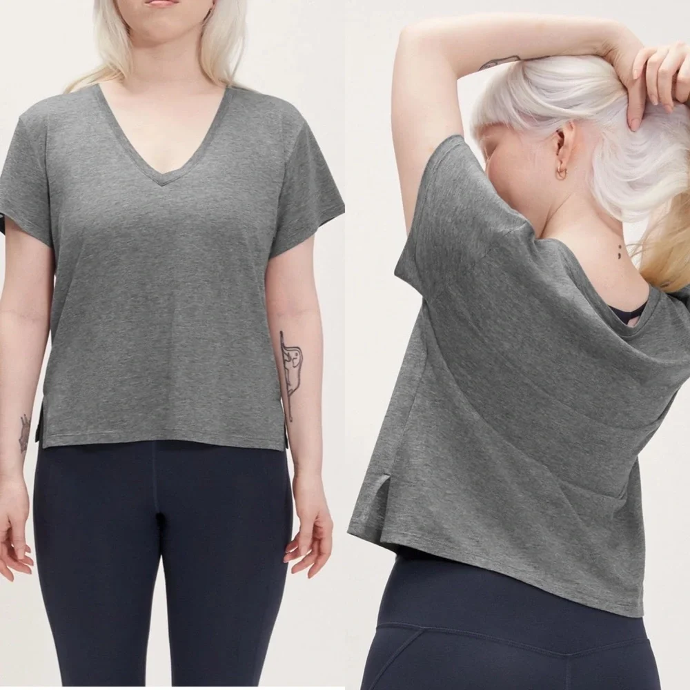 GIRLFRIEND COLLECTIVE Gray Pepper Cupro V-Neck Tee Short Sleeve Soft Size XL NEW_8
